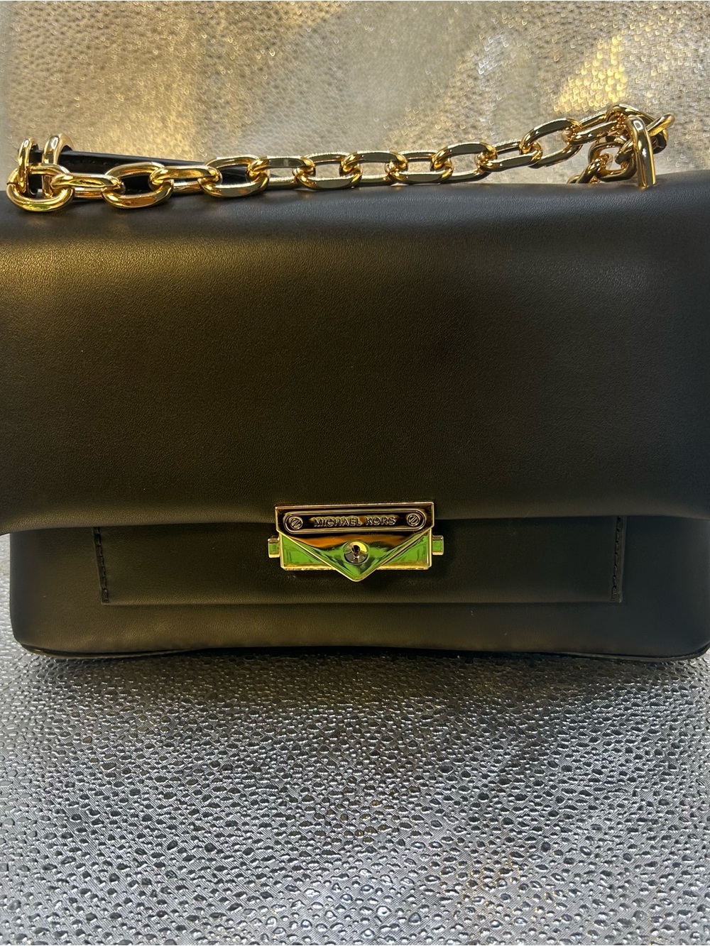 Michael Kors Black Leather Shoulder Bag with Gold Chain